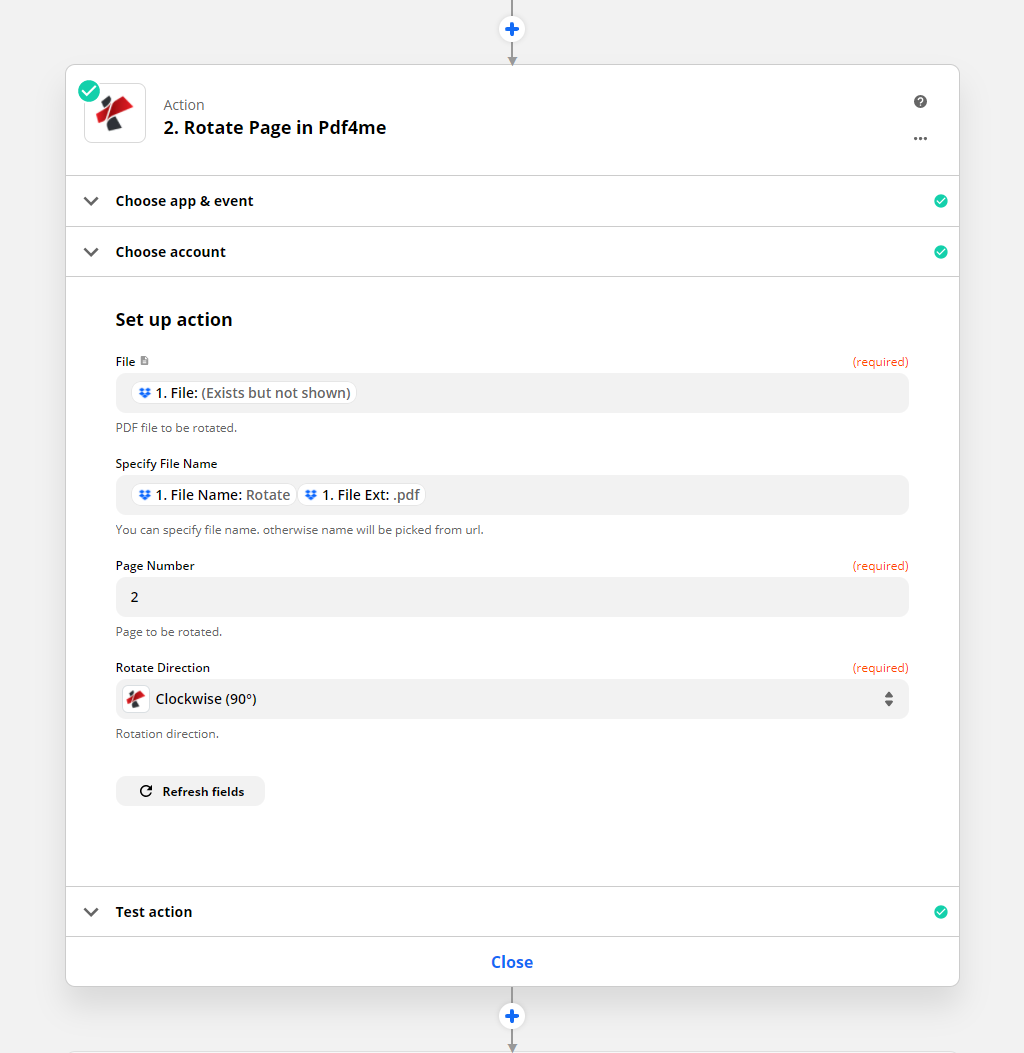A ação "Girar página" do Zapier PDF4me mostra o arquivo mapeado da etapa anterior, o nome do arquivo especificado com os tokens "Nome do arquivo" e "Extensão do arquivo", o número da página definido como 2 e a direção de rotação definida como "Sentido horário (90 graus)".
